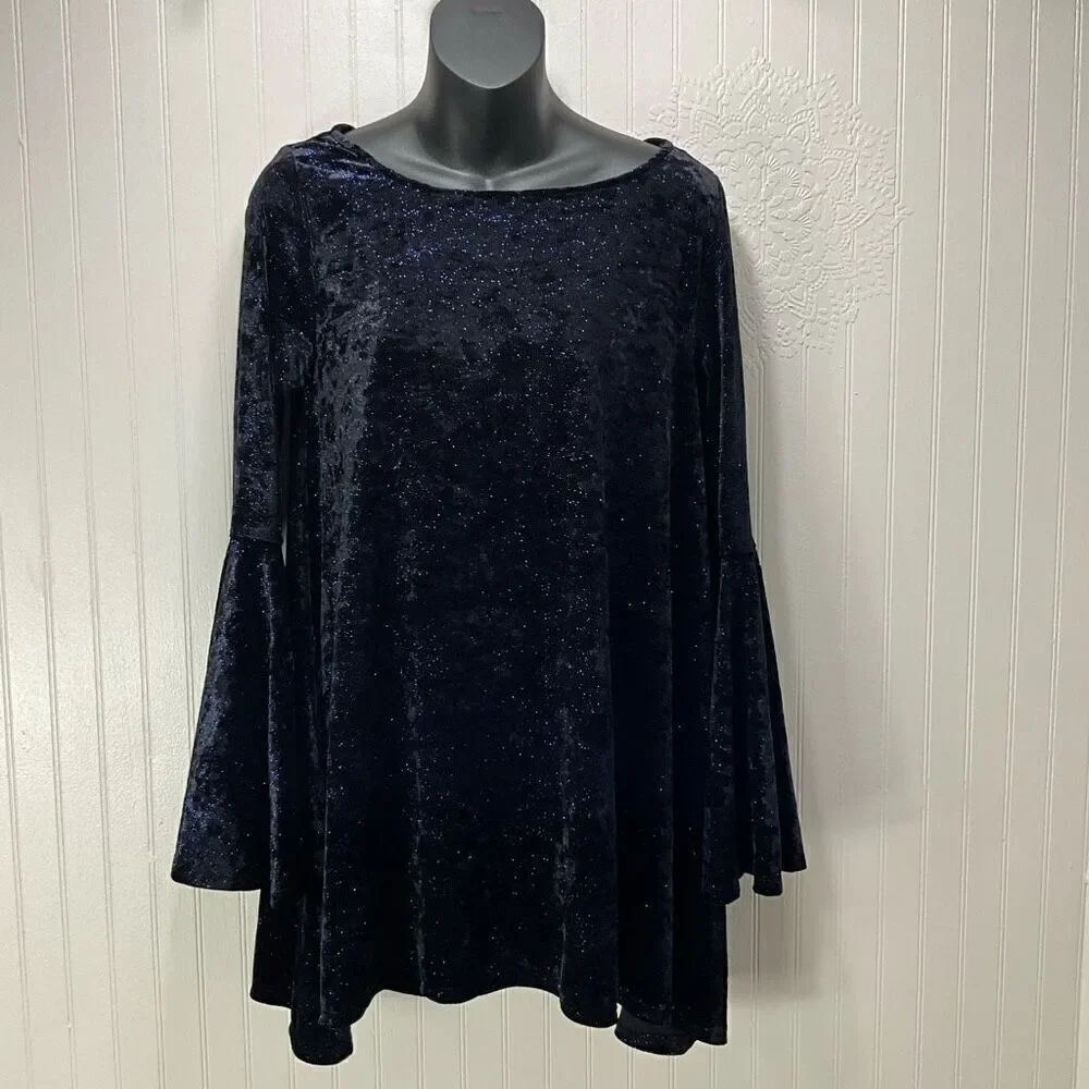 JOAN VASS Mini Split Bell Sleeves Glitter Velvet Dress